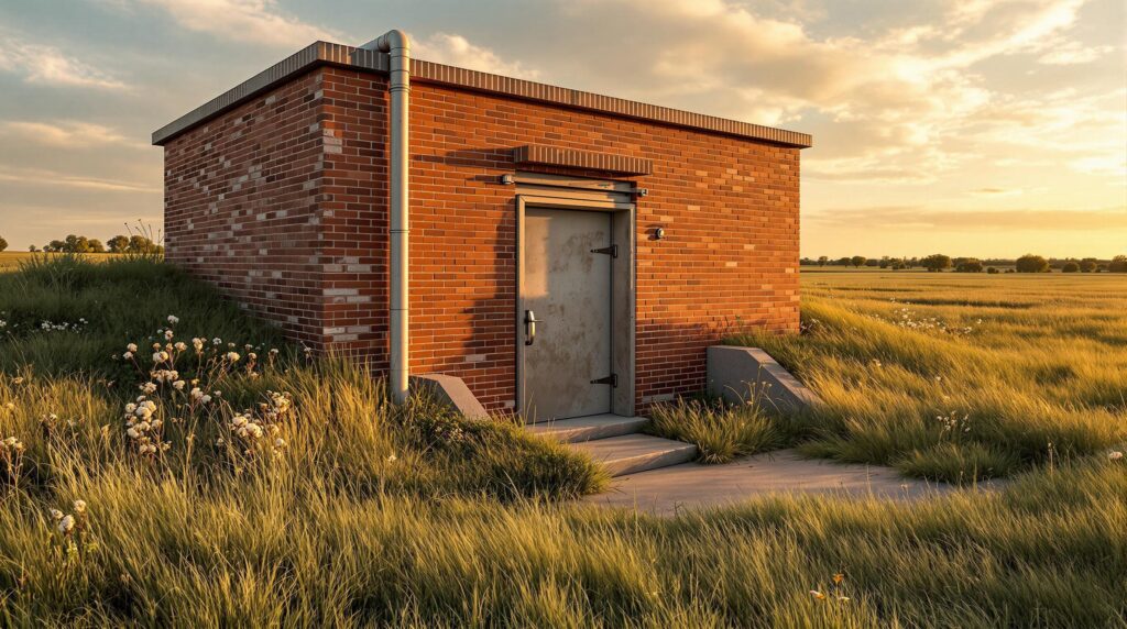 Restored early 1900s tornado cellar with steel door and concrete steps set in grassy rural Kansas landscape under a cloudy sky