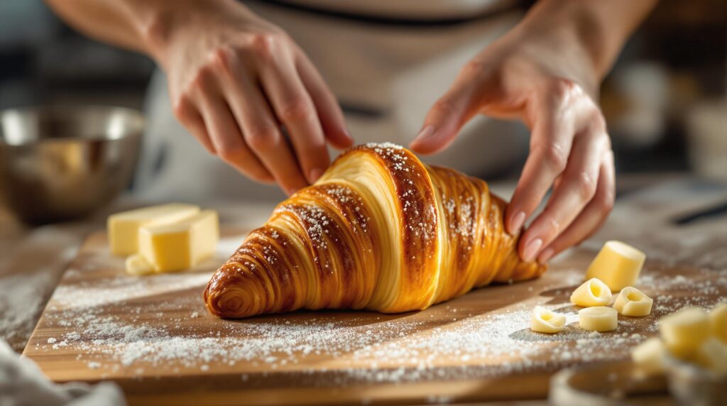 Baker pulling apart a flaky croissant to show airy layers, with butter curls and a flour-dusted wooden board in a cozy, sunlit bakery kitchen.