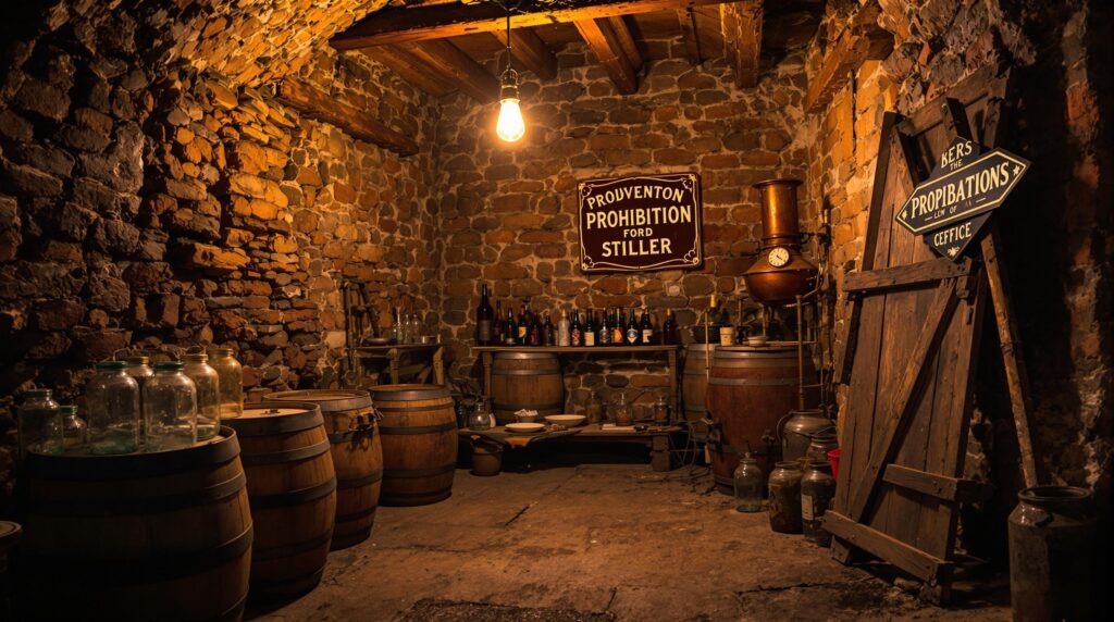 Dimly lit basement with wooden barrels, vintage bottles, and an old copper still, illuminated by a single hanging bulb, evoking a Prohibition-era atmosphere.