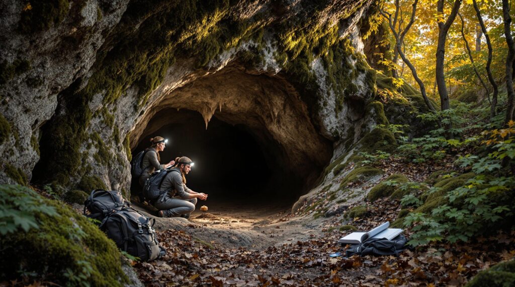Two researchers examine rocks at the mossy entrance of a limestone cave, surrounded by leafy trees and afternoon sunlight, with backpacks and tools nearby.