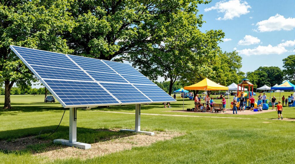 Children playing near solar panels powering a kid-friendly green festival zone in a sunny park with tents, volunteers, and trees in the background.