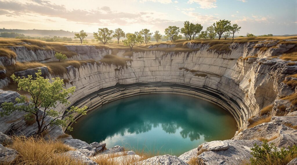 Wide view of an abandoned limestone quarry with terraced rock walls, turquoise water, rising morning mist, and sparse prairie grasses under a partly cloudy sunrise sky.
