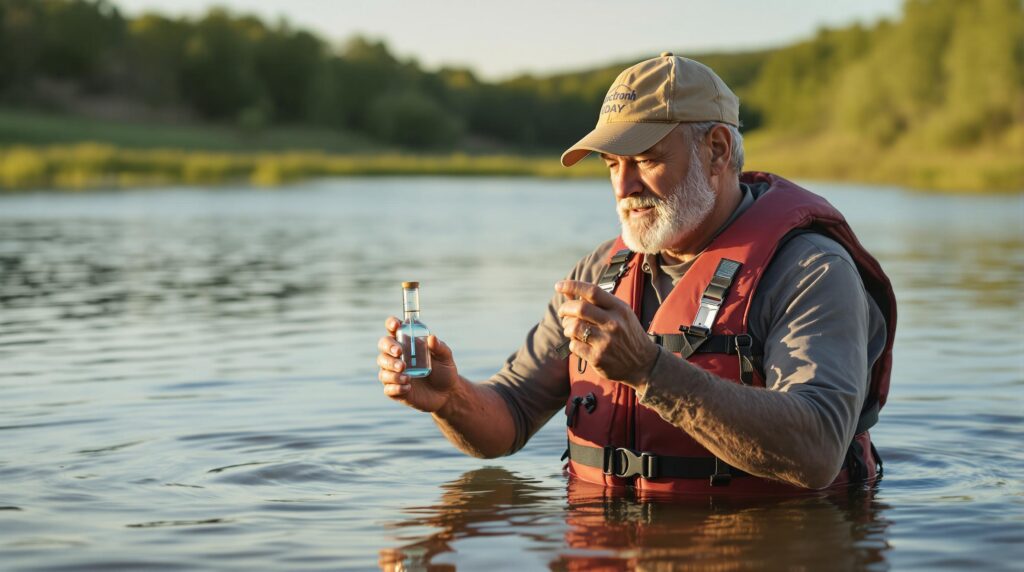 Middle-aged kayaker examines homemade pocket barometer by calm rural river with grassy banks and distant trees, under warm sunlight.