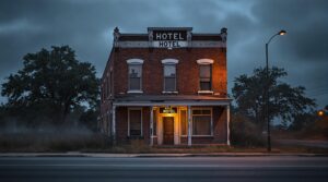 Abandoned red brick hotel with boarded windows and peeling trim at dusk, overgrown grass in front, faint mist creating an eerie atmosphere, nondescript background with blurred trees.