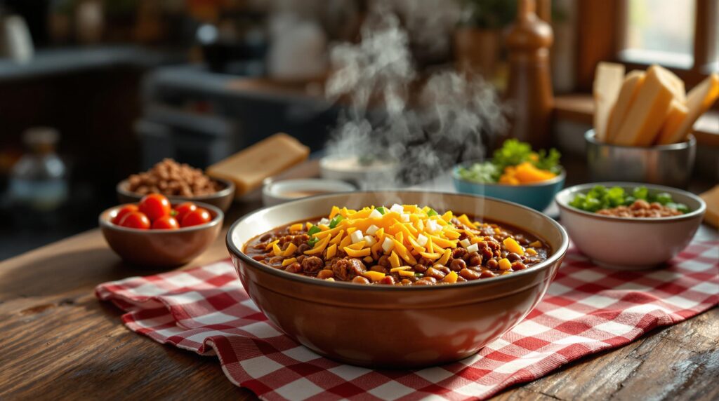 A steaming bowl of Kansas-style chili topped with shredded cheddar cheese and diced onions sits on a wooden table with a red-and-white checkered cloth, surrounded by small bowls of fresh chili ingredients and spices, softly lit in a warm, inviting kitchen setting.