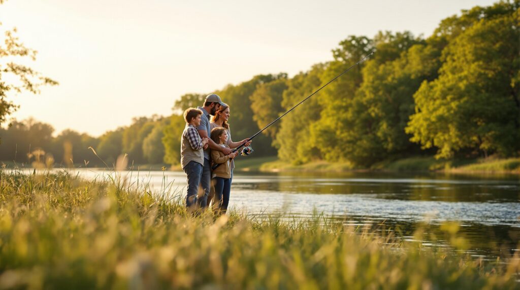 Family with two children fishing together on a grassy riverbank, smiling and enjoying a sunny afternoon by a wide, calm river with green trees in the background.
