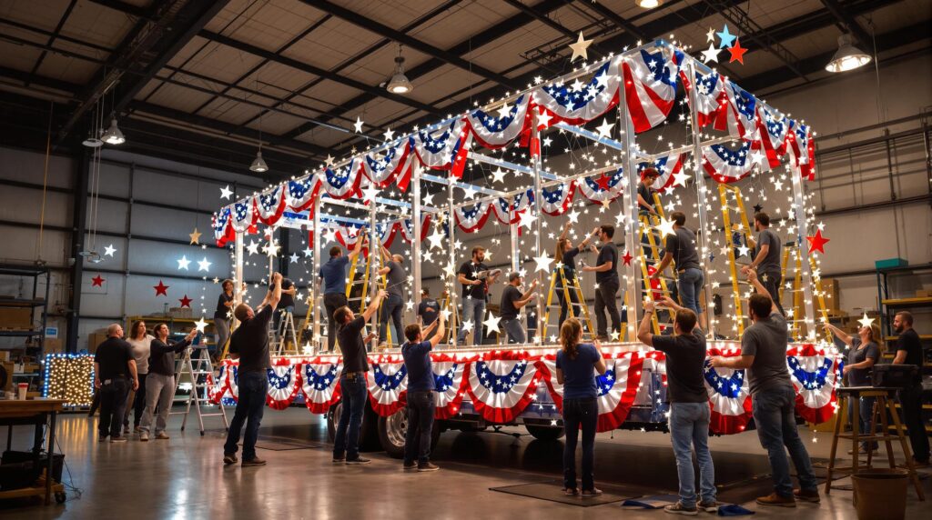 Community volunteers decorate a parade float with red, white, and blue bunting, stars, and LED lights inside a workshop.