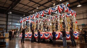 Community volunteers decorate a parade float with red, white, and blue bunting, stars, and LED lights inside a workshop.
