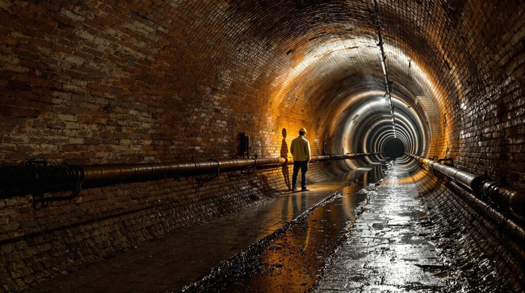 Utility worker in safety helmet examines old brick waterworks tunnel lined with iron pipes and puddles, illuminated by soft flashlight beams in a moody underground setting.