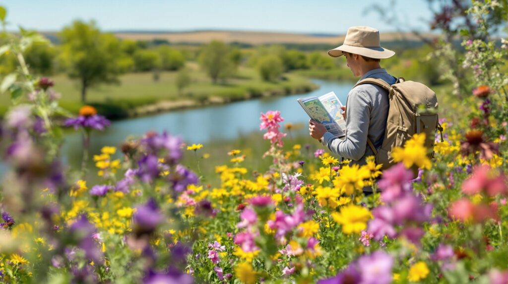 A hiker examines a trail map beside blooming wildflowers along a riverside path, with bright prairie blooms and leafy trees under a clear spring sky.