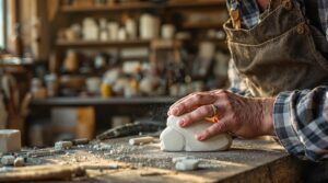 Close-up of an artisan’s hands carving soapstone on a wooden workbench, with stone dust and carving tools visible in a softly lit workshop.