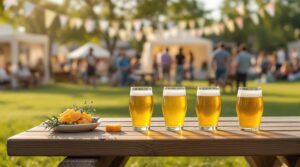 A flight of mead glasses on a wooden picnic table with honeycomb and wildflowers, set in a grassy park during a festival in Liberty, Kansas. Adults socialize near neutral tents in the softly blurred background.