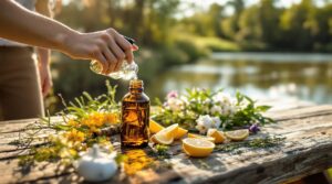 Hands pouring homemade bug repellent into a spray bottle on a wooden table, surrounded by native prairie herbs and citrus, with a blurred riverbank and tall grasses in the background.