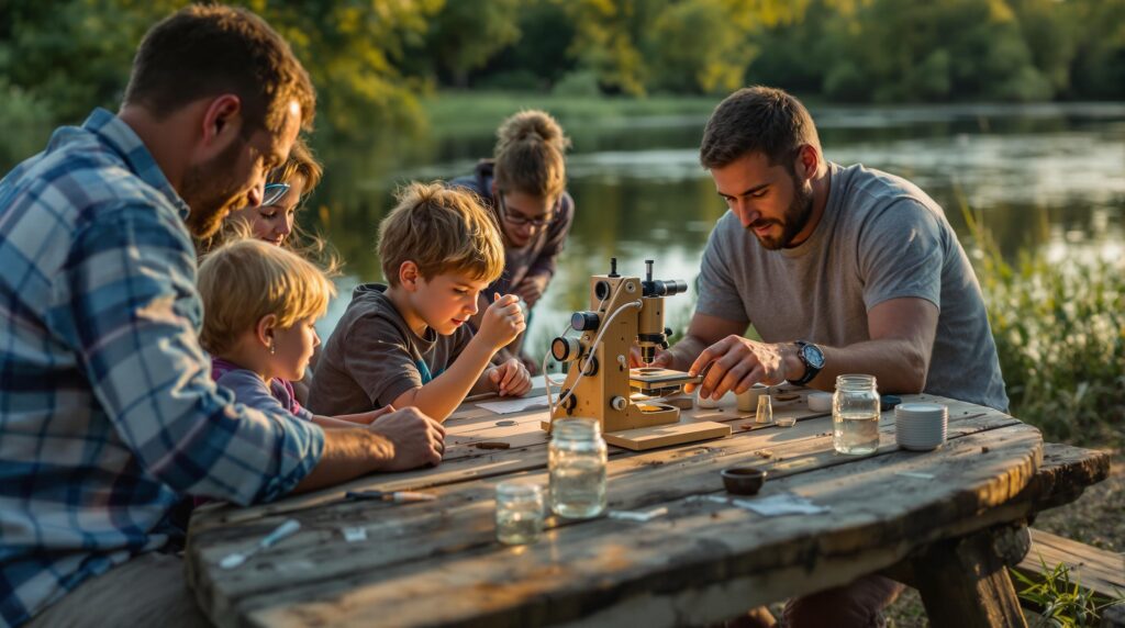 Parents and children gather at a picnic table by a river, building and using a homemade plankton microscope, with jars of water and droppers, in a sunlit, natural setting.