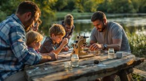 Parents and children gather at a picnic table by a river, building and using a homemade plankton microscope, with jars of water and droppers, in a sunlit, natural setting.