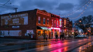 A small town main street at dusk with vintage brick buildings, a faded ghost sign on one wall, glowing neon lights outlining a storefront, wet pavement reflecting colors, and a few blurred pedestrians walking along the sidewalk.
