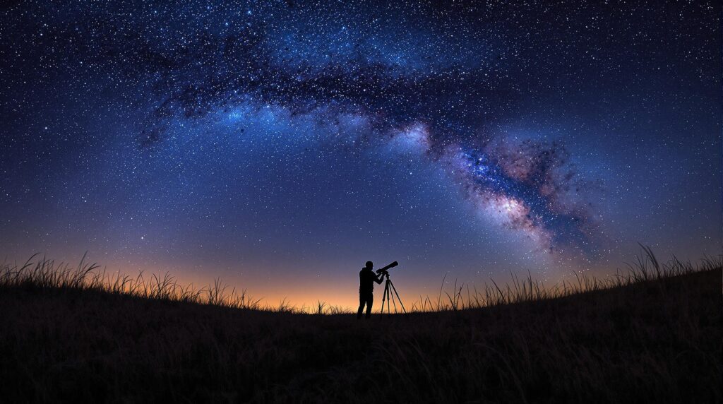 Person stargazing with a telescope on a grassy hill under a clear, star-filled night sky near Liberty, Kansas