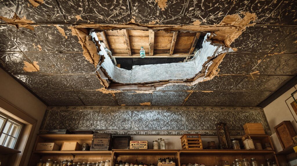 View of an old tin ceiling with an open panel revealing dusty rafters and antique objects above, inside a vintage mercantile with softly lit shelves and warm, nostalgic lighting.