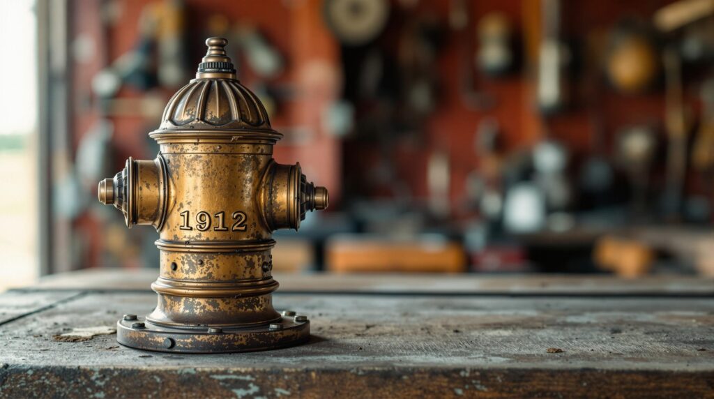 Antique 1912 brass firehouse nozzle on a wooden workbench with blurred vintage firefighting tools in the background, softly lit in a warm, realistic style.