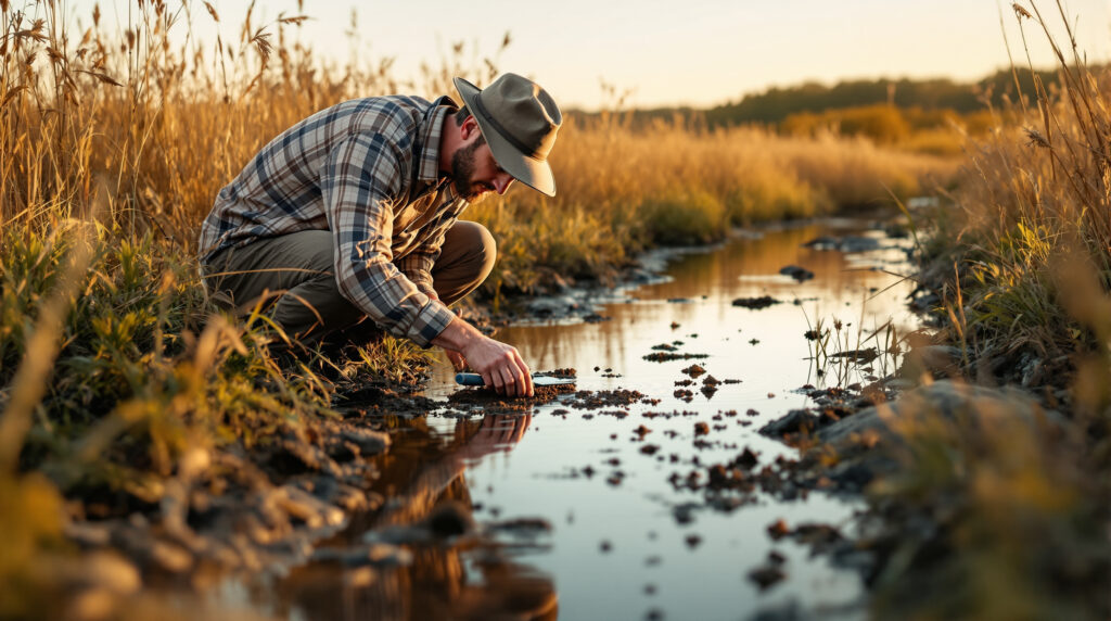 Two amateur historians examine Civil War relics beside a creek in a Kansas prairie, with metal detecting tools and tall grasses in soft golden evening light.