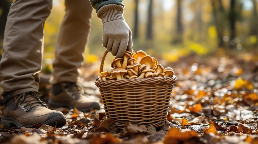 Close-up of a hiker placing wild mushrooms in a basket on a forest trail near Elk City Reservoir, with sunlight filtering through trees and autumn leaves on the ground.