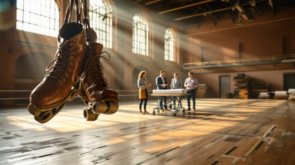 Three planners discuss adaptive reuse ideas in a sunlit vintage roller rink with worn wooden floors, vintage skates, and red-brick walls.