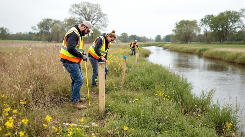 Three volunteers in safety vests measure and mark a grassy riverbank with wooden stakes and a tape measure near a rural river, surrounded by wildflowers and trees under a bright, overcast sky.