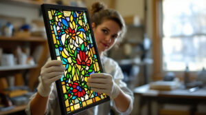A conservator in white gloves carefully holds a vibrant Tiffany-style stained glass panel in a restoration studio, with blurred tools and a neutral background softly lit by natural light.