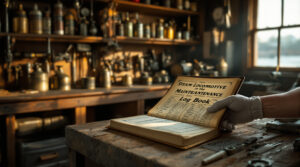 Historian’s gloved hands opening an old steam locomotive logbook on a wooden table, with vintage railway tools and parts softly blurred in the background.