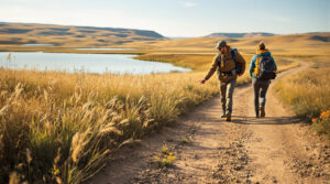 Two hikers on a dirt trail near a reservoir in Kansas cautiously observe a small prairie rattlesnake resting off the path, with prairie grasses and wildflowers under warm sunlight.