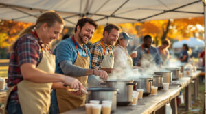 Group of diverse volunteers serving chili in biodegradable cups at an outdoor cook-off under a canopy, with autumn trees softly blurred in the background
