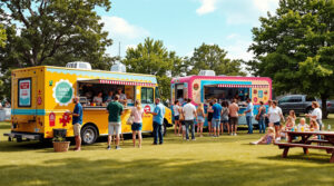 People lining up at colorful food trucks on a grassy lot at a small-town summer festival, with families enjoying street food at picnic tables under a sunny sky.