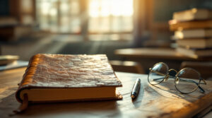 Vintage leather diary with fountain pen, pencil, and wire glasses on old wooden school desk in soft sunlight, blurred classroom background.