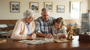 Three generations of a family sit at a table in a community hall, examining old sepia photographs, a wooden gear, and a miniature windmill model, representing Dutch mill workers' heritage.