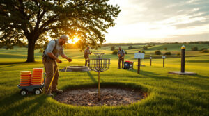Volunteers setting up disc golf baskets and tee boxes in a Kansas park at sunrise, with discs and equipment on grass and trees in the background