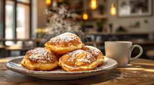 Plate of fluffy beignets dusted with powdered sugar and a mug of coffee on a rustic wooden table in a cozy, softly lit café setting.