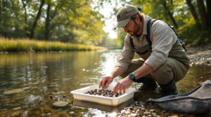 A conservation biologist examines native freshwater mussels in a tray at the edge of a clear river, surrounded by prairie grass and trees, with observation tools on a pebbled shore.
