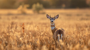 A white-tailed deer wearing a GPS collar stands alert at the grassy edge of a prairie and woodland area, bathed in early morning sunlight with soft, blurred trees in the background.
