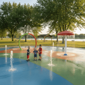 Smiling family with young children playing on a splash pad with gentle water jets in a sunny Midwest park, surrounded by trees, picnic shelter, and a small lake in the background