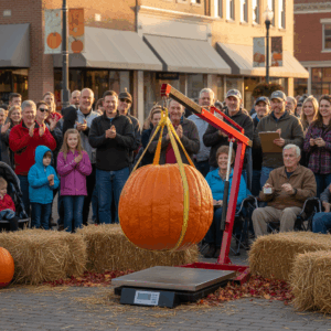 A large Atlantic Giant pumpkin is lifted by a four-point harness and hoist in a sunlit town square as families, retirees, and gardeners watch and take photos, with straw bales and fall leaves nearby.