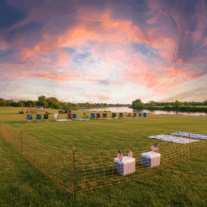 Empty lawn chairs and picnic blankets set up on a green soccer field at sunset with orange safety fencing and mortar racks in the distance, ready for a small-town Kansas fireworks show.