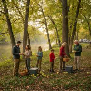 Families and retirees gather ripe pawpaws beneath tall trees on a sunlit Kansas riverbank, with camping tubs and a distant RV in view.