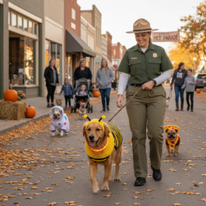 Golden retriever in a bumblebee costume walking with owner dressed as park ranger during a small-town autumn pet parade, surrounded by families, costumed dogs, pumpkins, and fall leaves