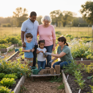 Kids and a grandparent plant seeds and water small pots at a community garden open house near Liberty, Kansas, beside raised beds and pollinator flowers.