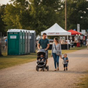 Parents with a stroller and toddler walk toward portable restrooms and a first-aid tent at a small-town festival near Liberty, Kansas, carrying a diaper-changing kit.