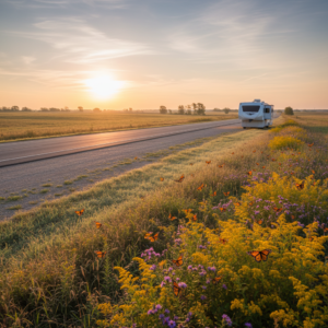 Monarch butterflies flying over goldenrod and asters beside a rural Kansas highway at sunrise, with an RV safely pulled off the road and prairie fields in the background
