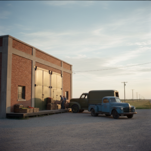 Unbranded brick cold storage building near Liberty, Kansas, with crates of produce and wrapped meat being loaded into a small delivery truck at sunrise
