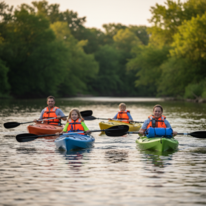 Family kayaking on a calm rural river near Liberty, Kansas, wearing life jackets, with a PLB or satellite messenger clipped to a PFD and a waterproof dry bag secured in the boat.