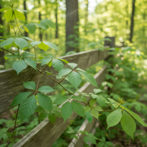 Close-up of poison ivy with three leaflets growing along a sunny fence line and brushy woodland edge near Liberty, Kansas